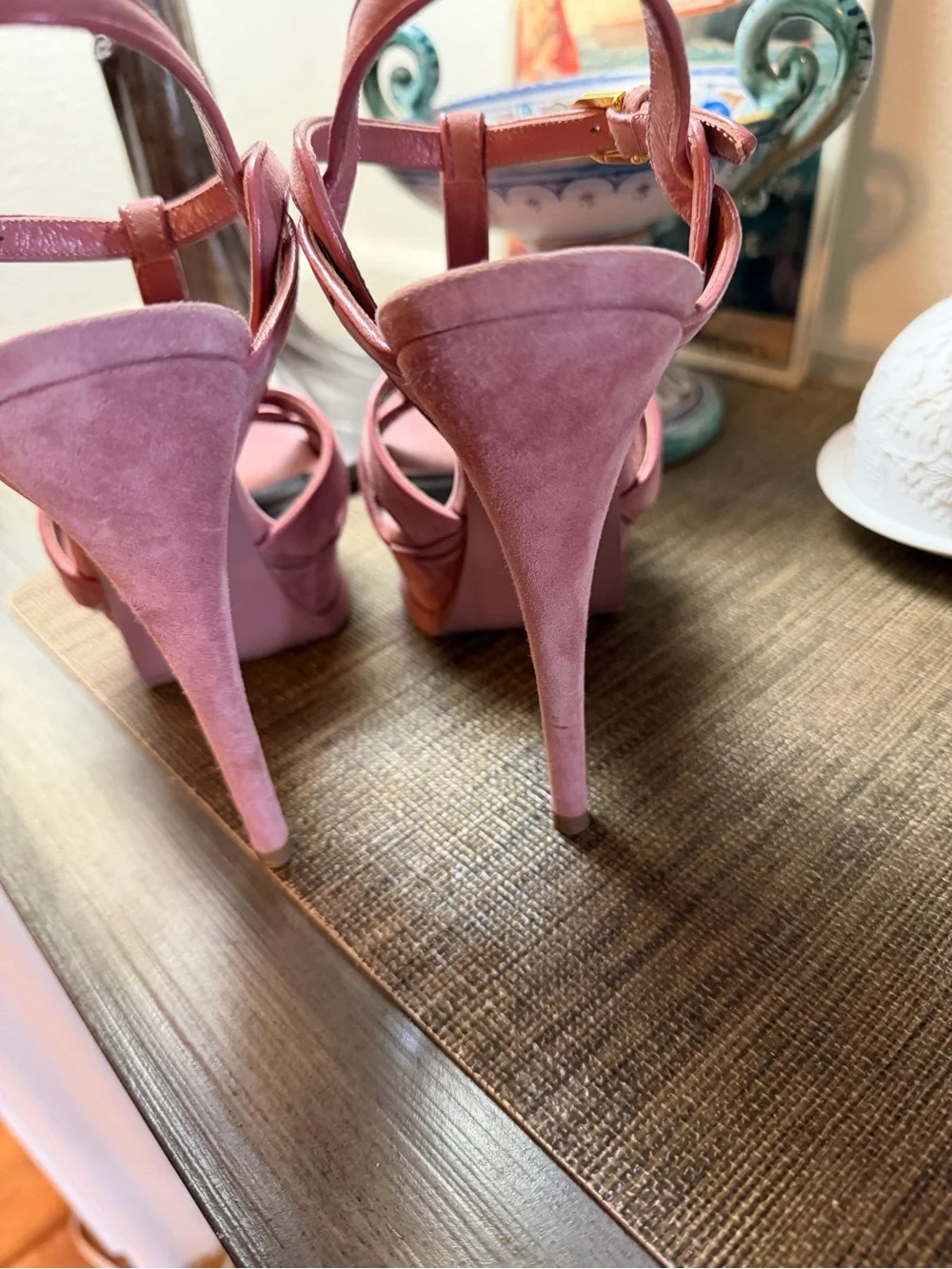 Yves Saint Laurent Rose Suede Platform T-Strap Heels